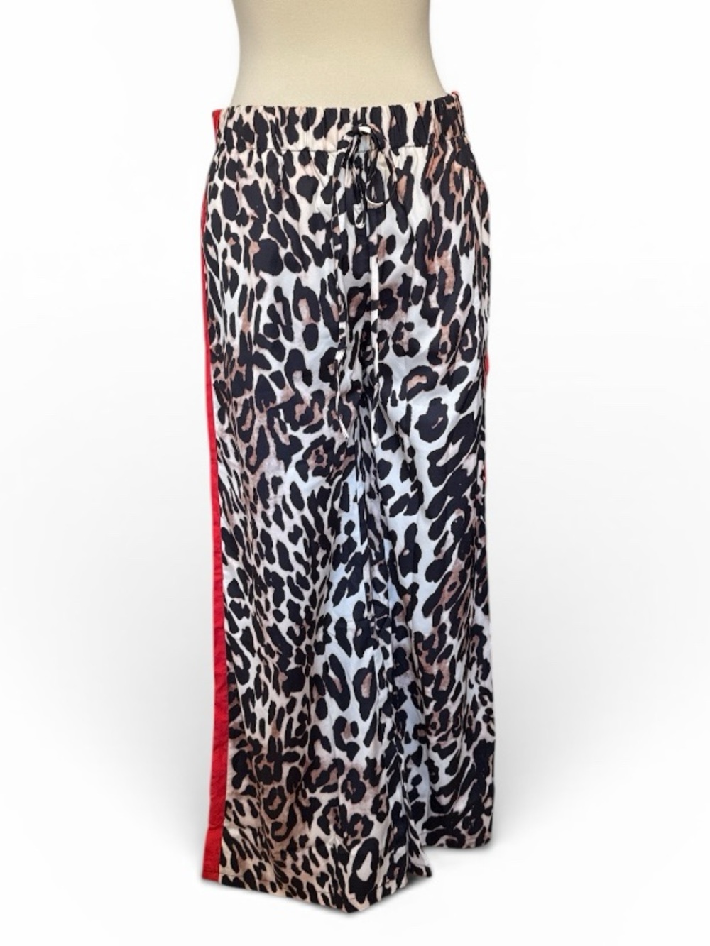 Leopard Print Straight-Leg Pants with Red Side Stripe #467